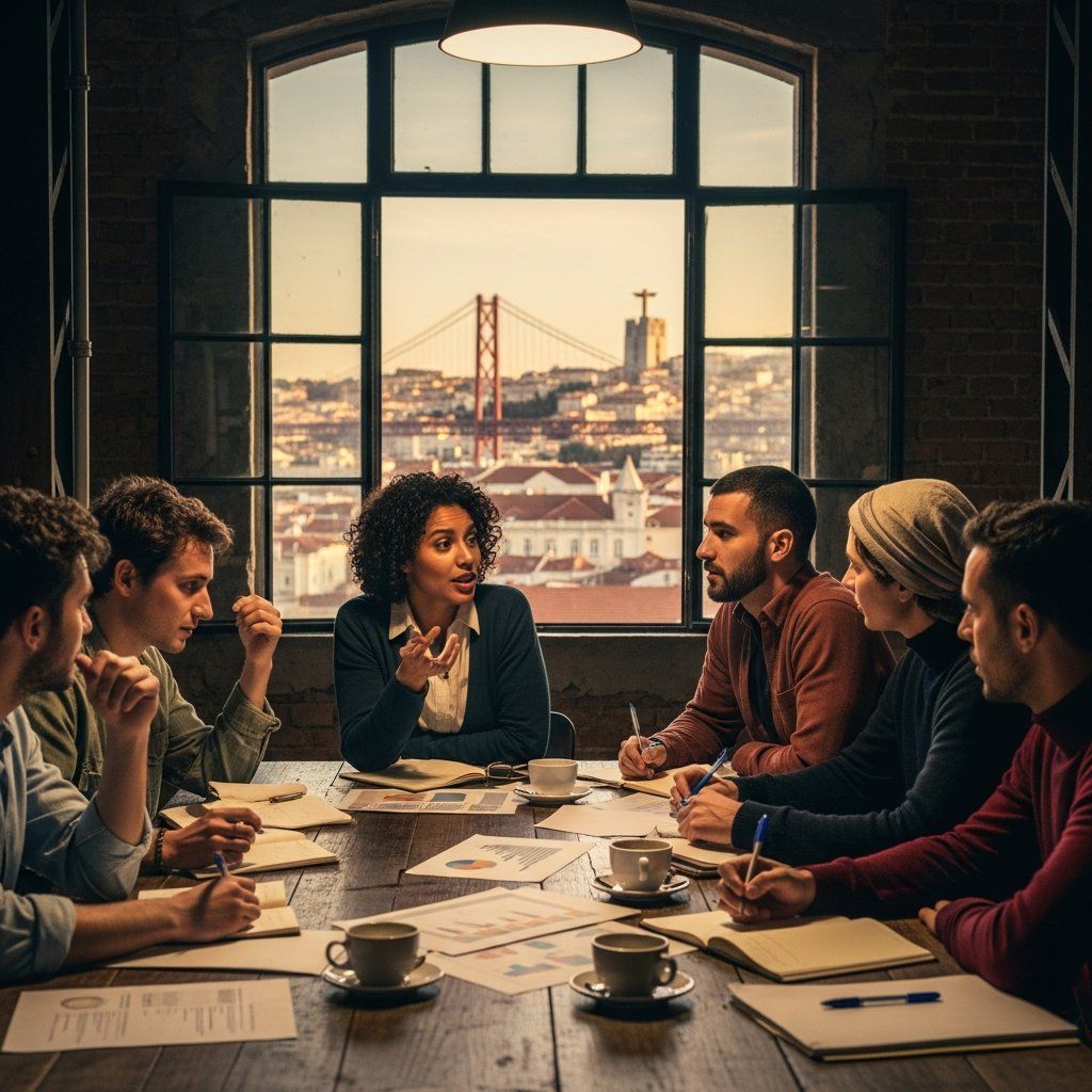 Young Bloco de Esquerda activists meeting in a warehouse with Lisbon skyline visible