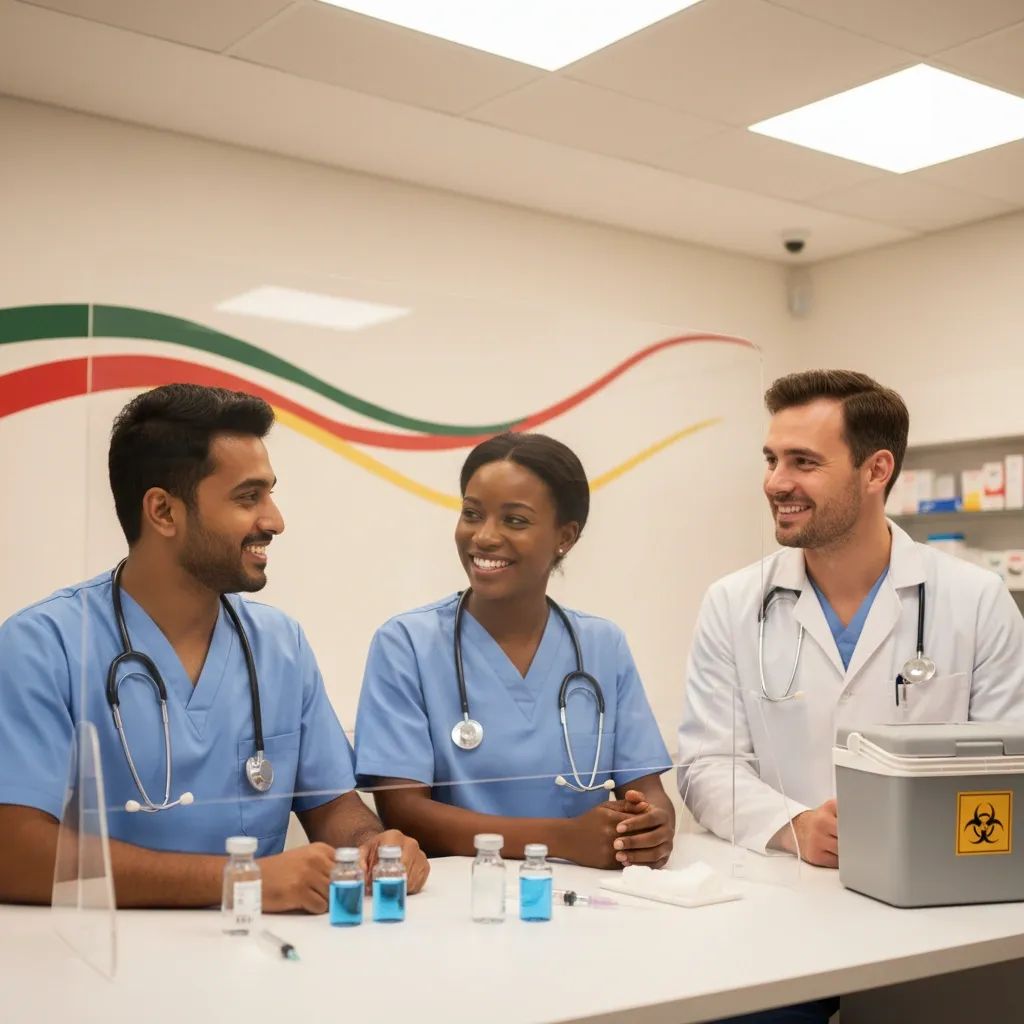 Healthcare professionals discussing vaccination program with medical supplies and equipment in background