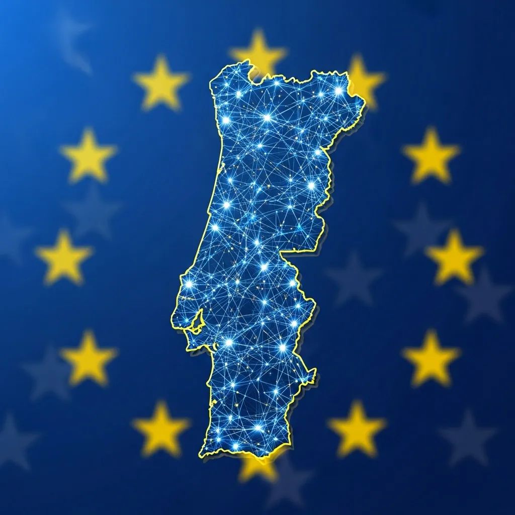 Stylized map of Portugal with AI network overlay and EU stars in the background