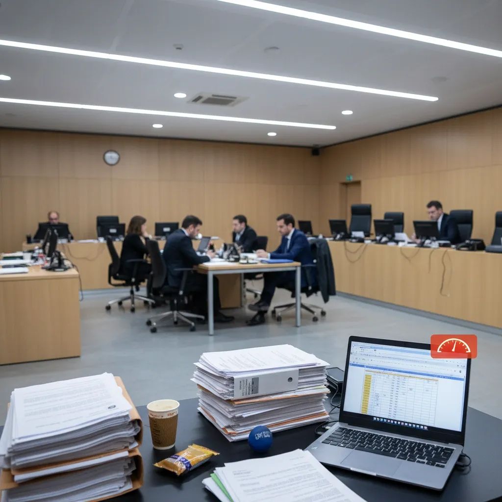 Interior of Portuguese courthouse office space showing desks and workspace, representing workplace environment for judicial workers