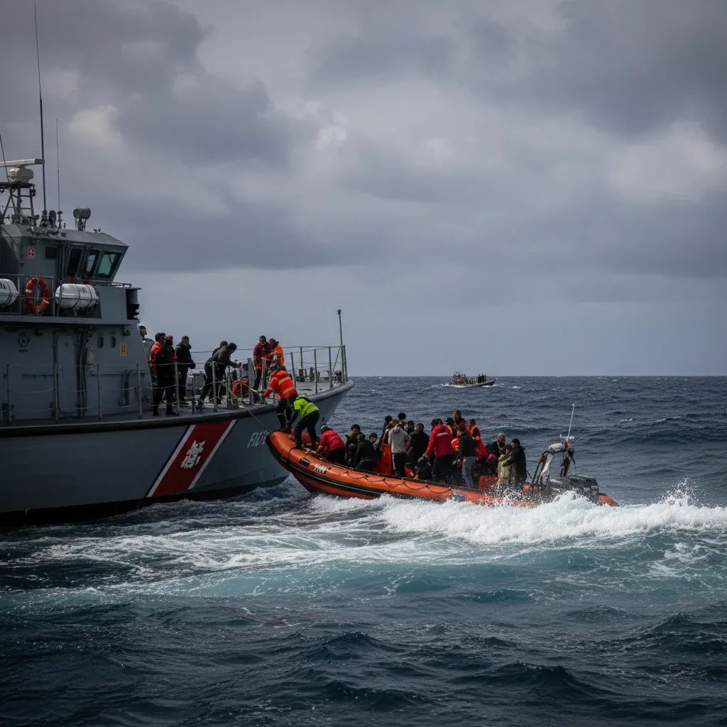 Coast guard rescue vessel conducting Mediterranean Sea operation with migrants aboard rescue boats