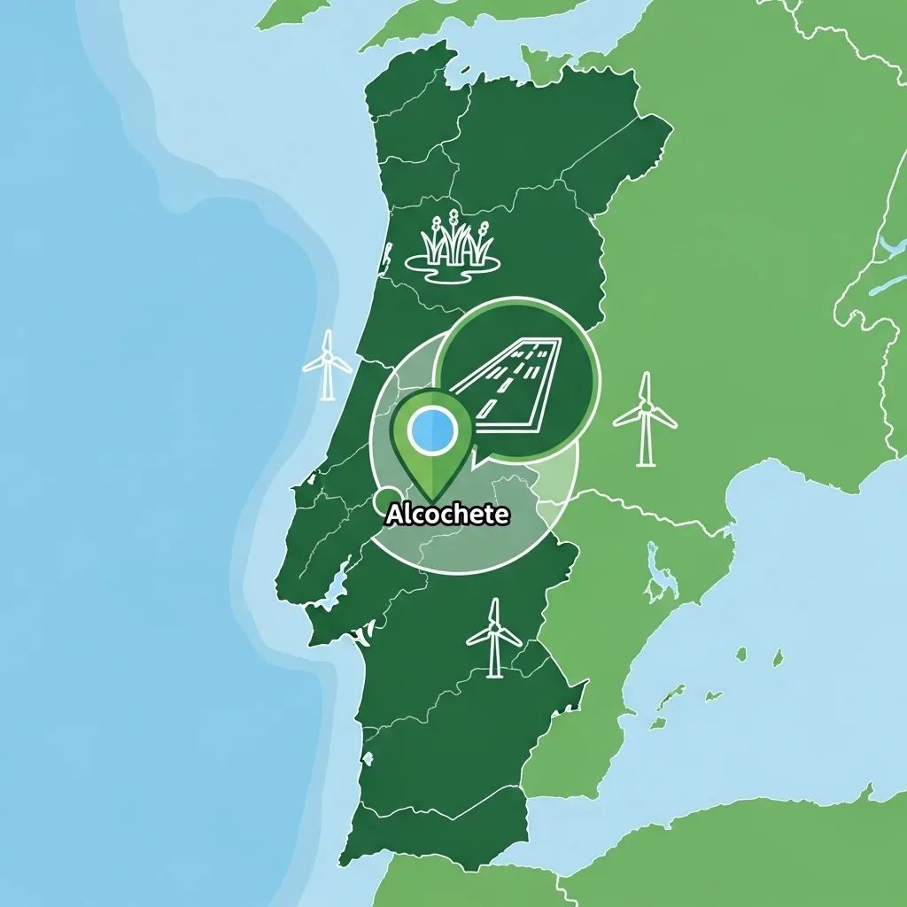 Map of Portugal highlighting Alcochete airport site with runway and environmental icons