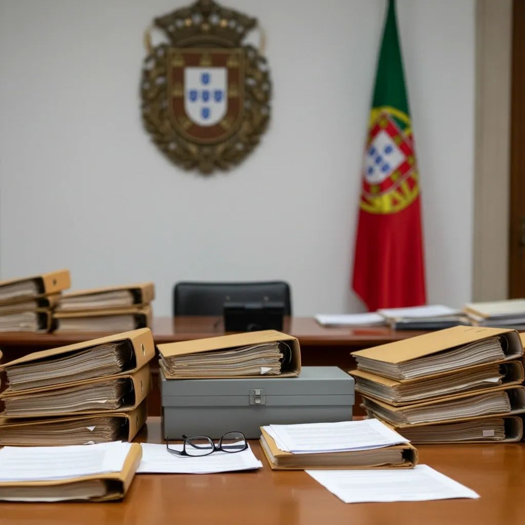 Government building interior with official documents related to corruption investigation and European funding programs