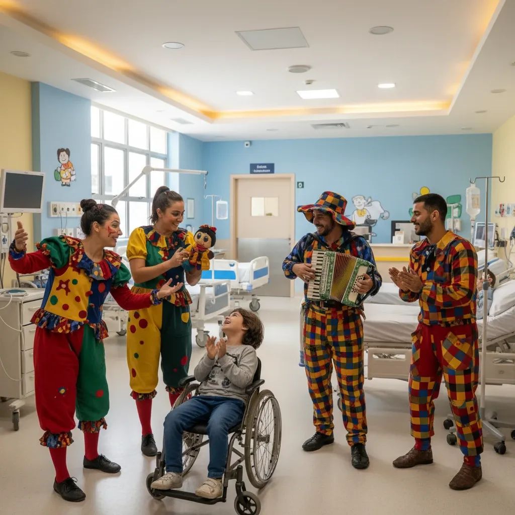 Performing artists in colorful costumes bringing joy to children in a Portuguese pediatric hospital ward