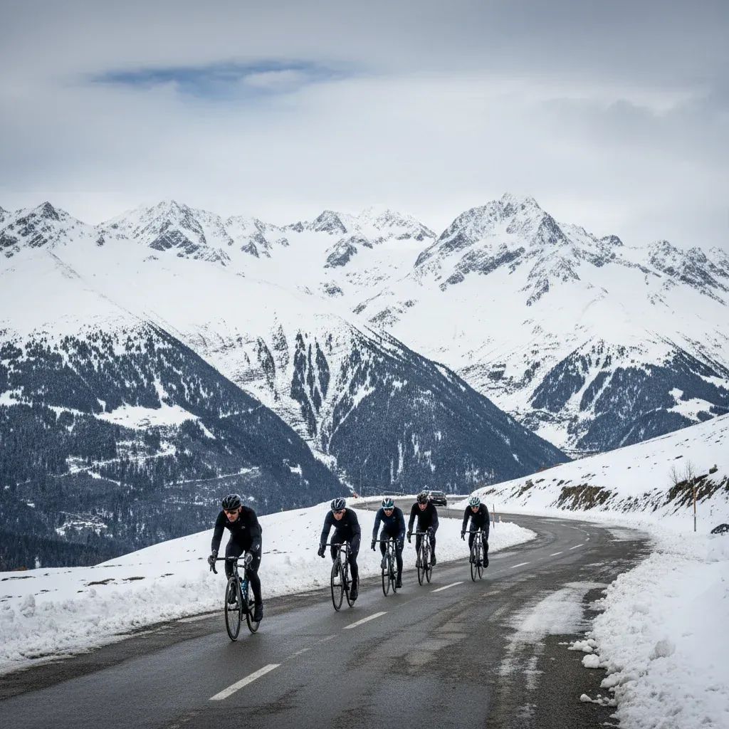 Professional cyclists racing on snow-covered Alpine mountain road during Paris-Nice stage