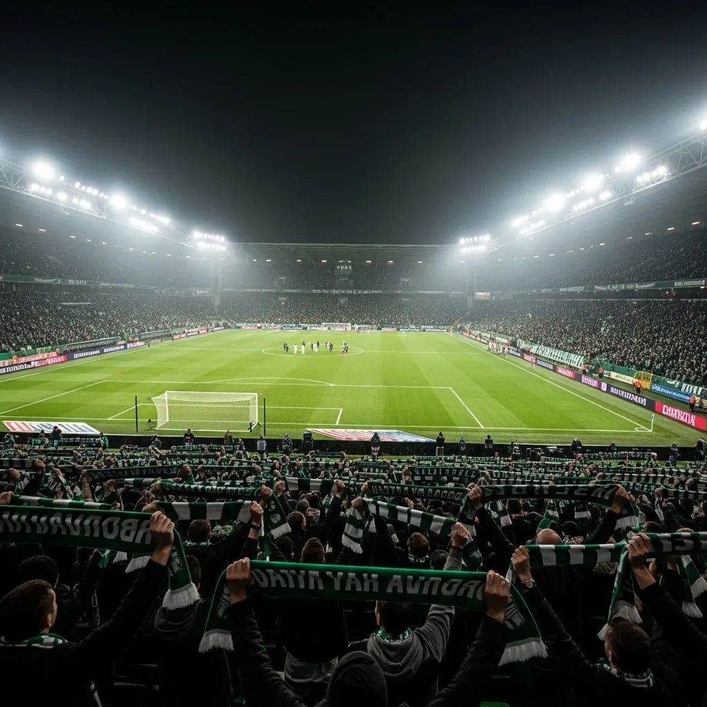 Wide-angle night shot of a football stadium with fans waving green and white scarves under floodlights