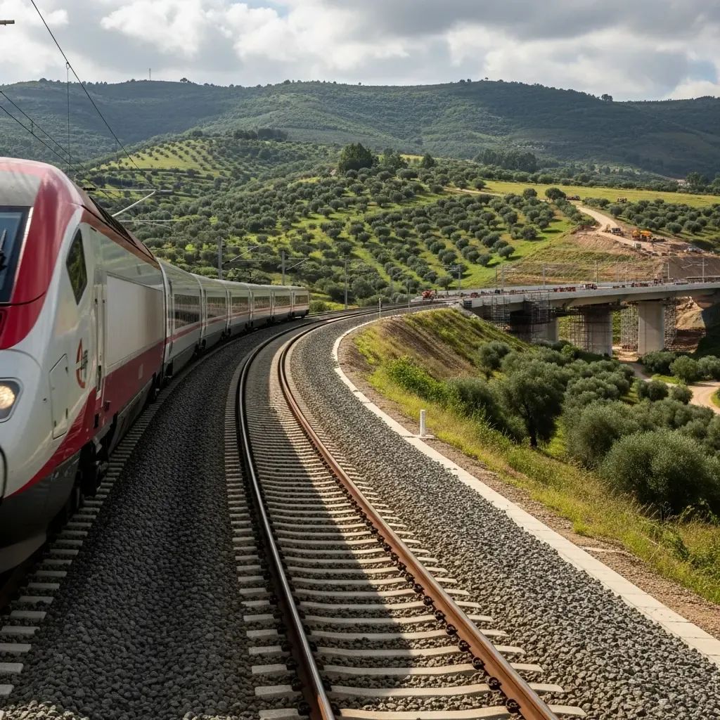 High-speed train speeding on new tracks in Portuguese countryside with a viaduct under construction