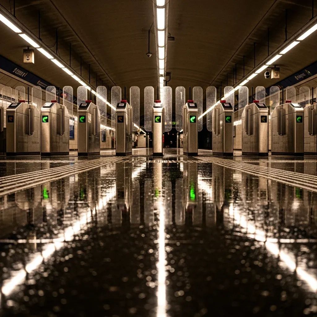 Empty Lisbon metro station with closed ticket barriers and wet reflective floor