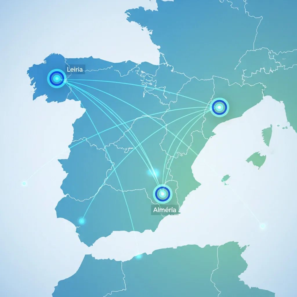 Infographic map of Portugal and Spain linked by tech network, illustrating inCentea-Dragomar merger