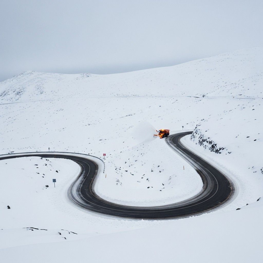 Snow-cleared Serra da Estrela mountain road with distant orange plough under overcast sky