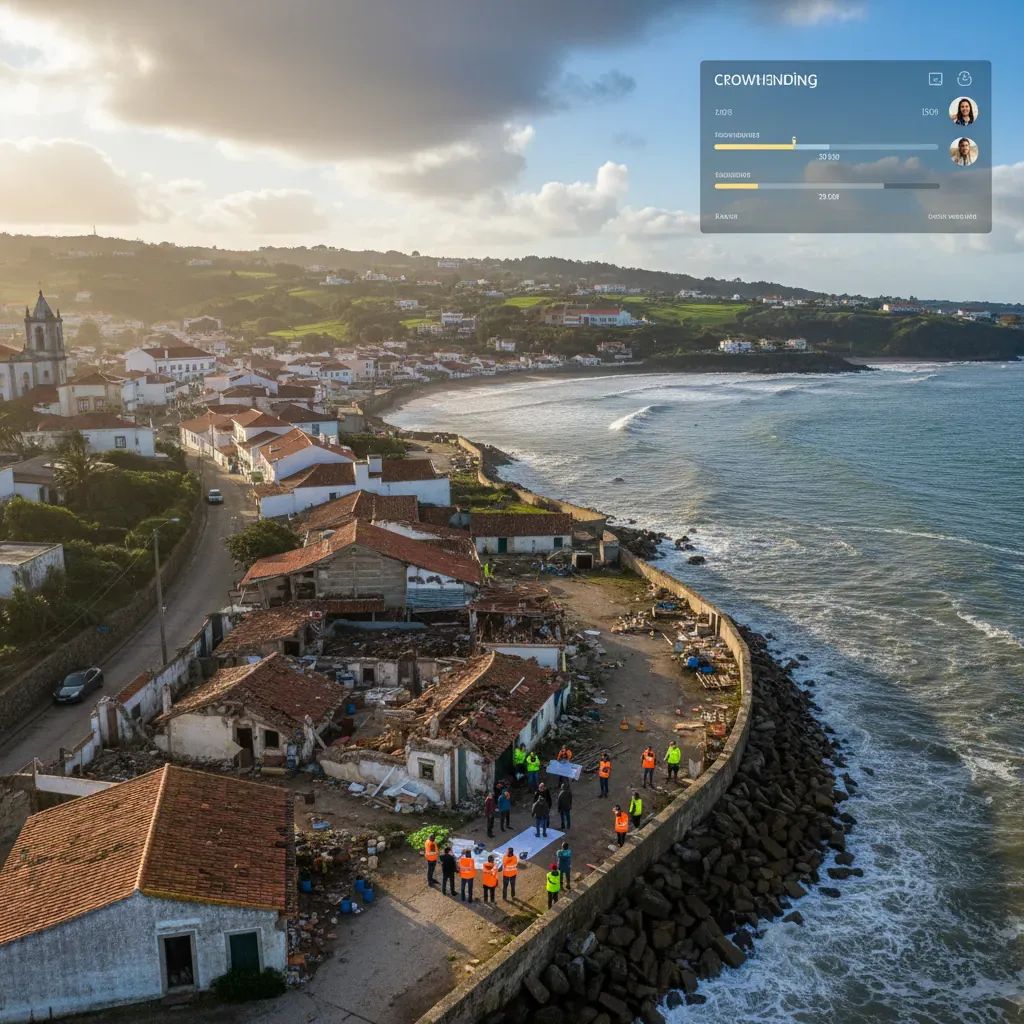 Portuguese community members gathering to discuss storm reconstruction funding and crowdfunding platform for rebuilding initiatives