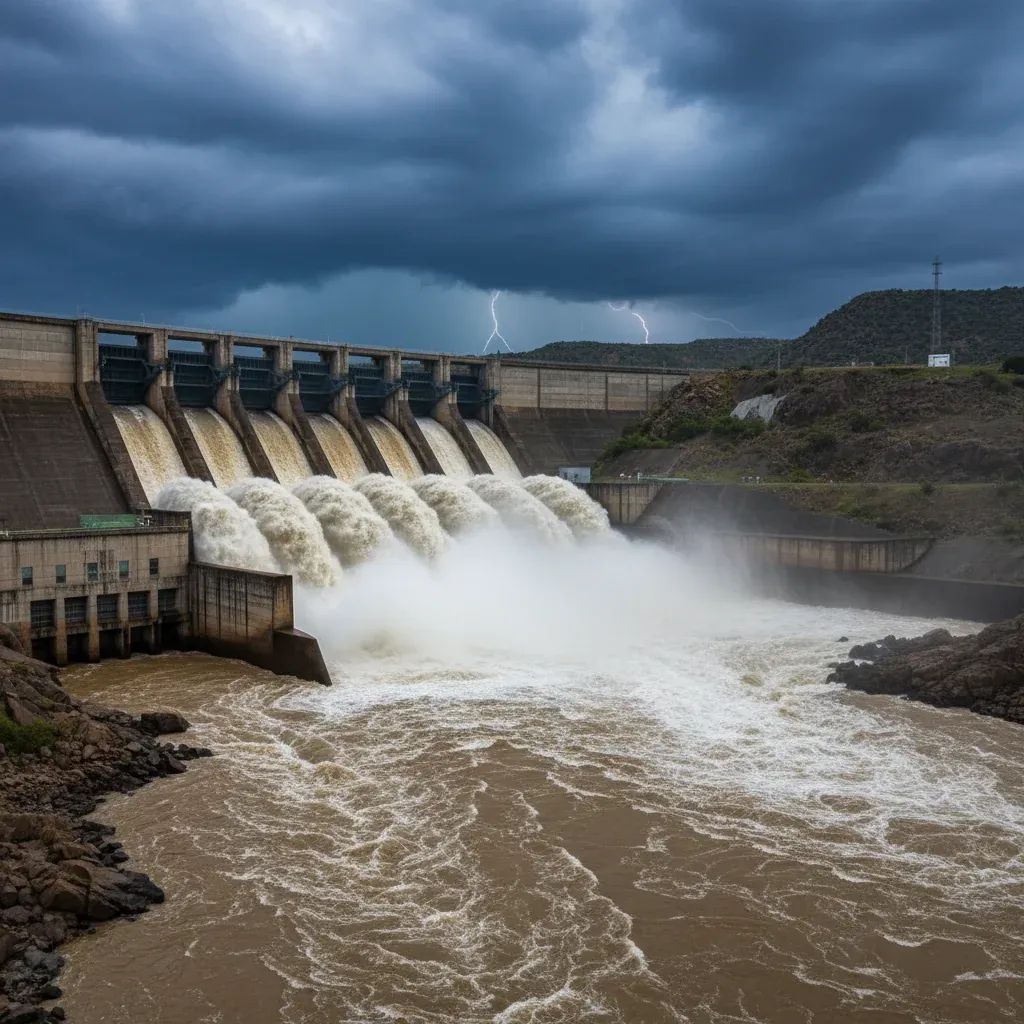 Concrete dam gate releasing floodwater into swollen river under stormy sky