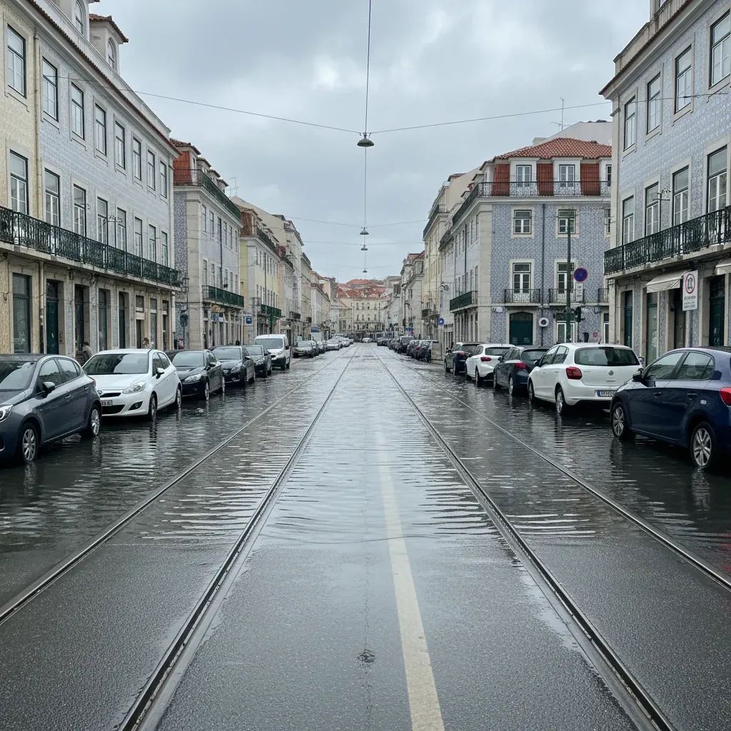 Lisbon street with shallow floodwater covering road and cars after heavy rain