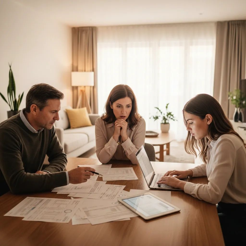 Portuguese family reviewing loan documents and financial statements at home table