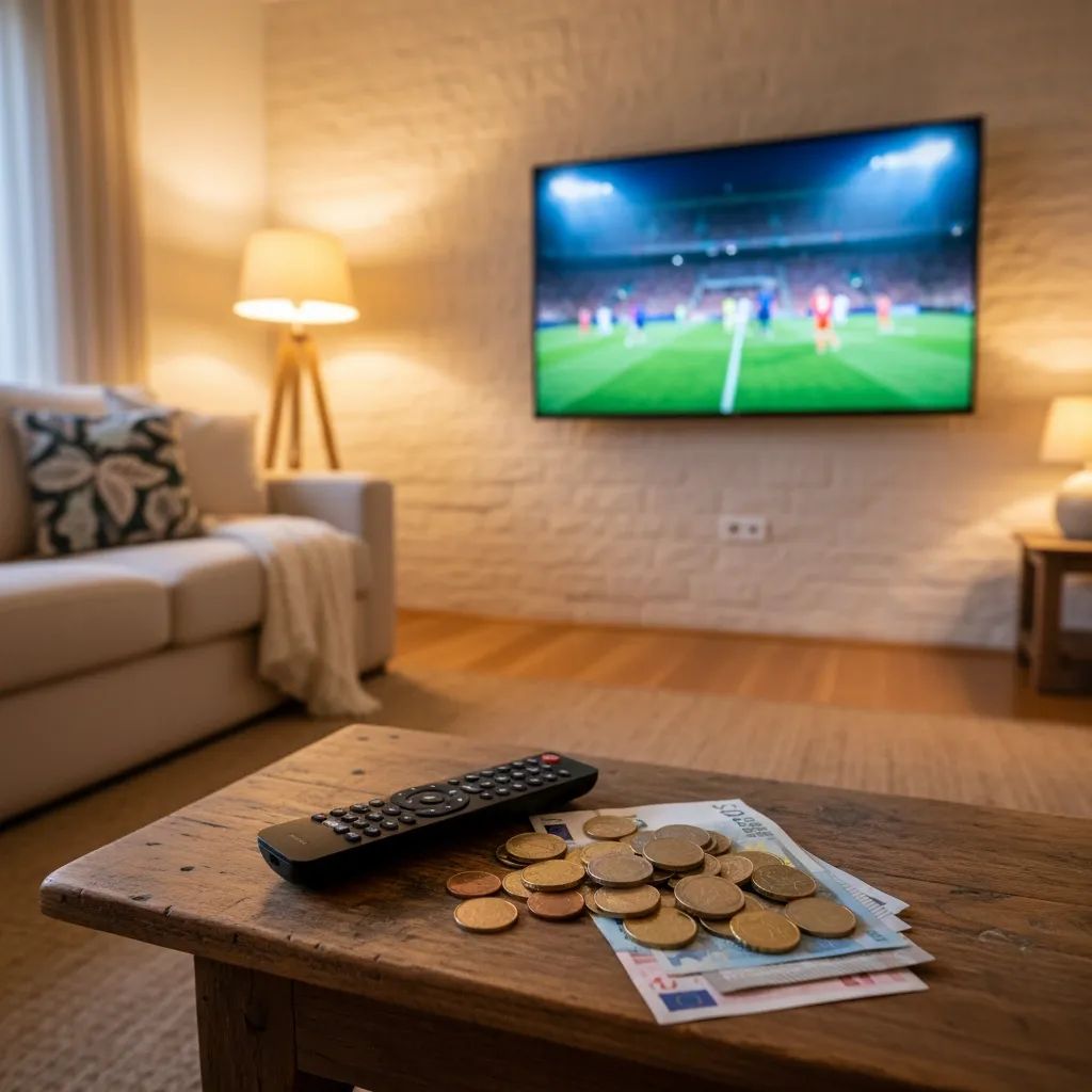 Portuguese living room where TV shows a football game as euro coins lie on the table, hinting at higher Sport TV prices