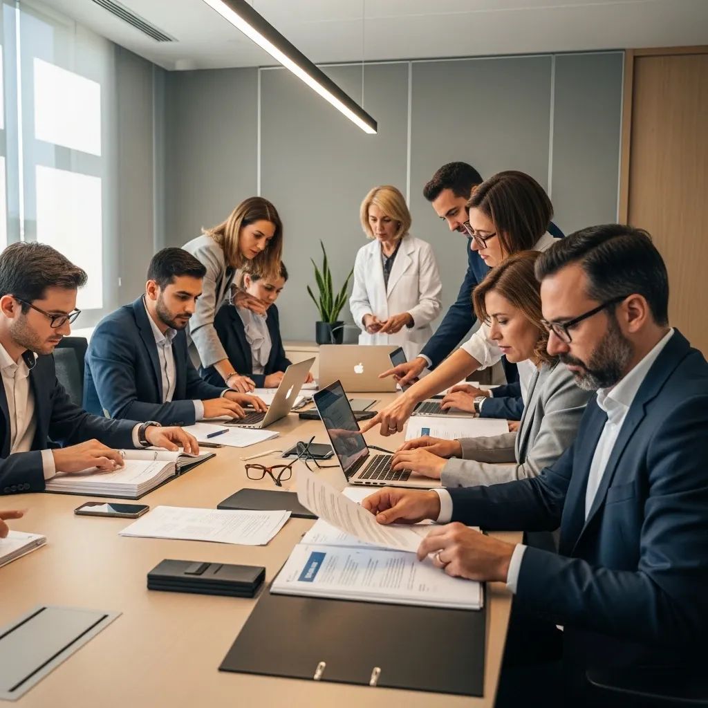 Investigators and health officials meeting around a conference table in a Portuguese government office
