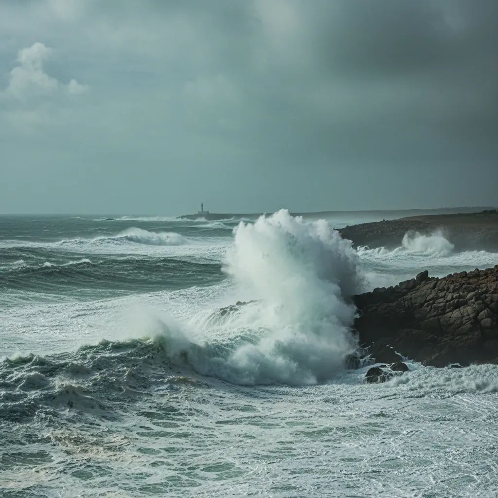 Powerful Atlantic waves slam a rocky Portuguese coast beneath dark, stormy skies