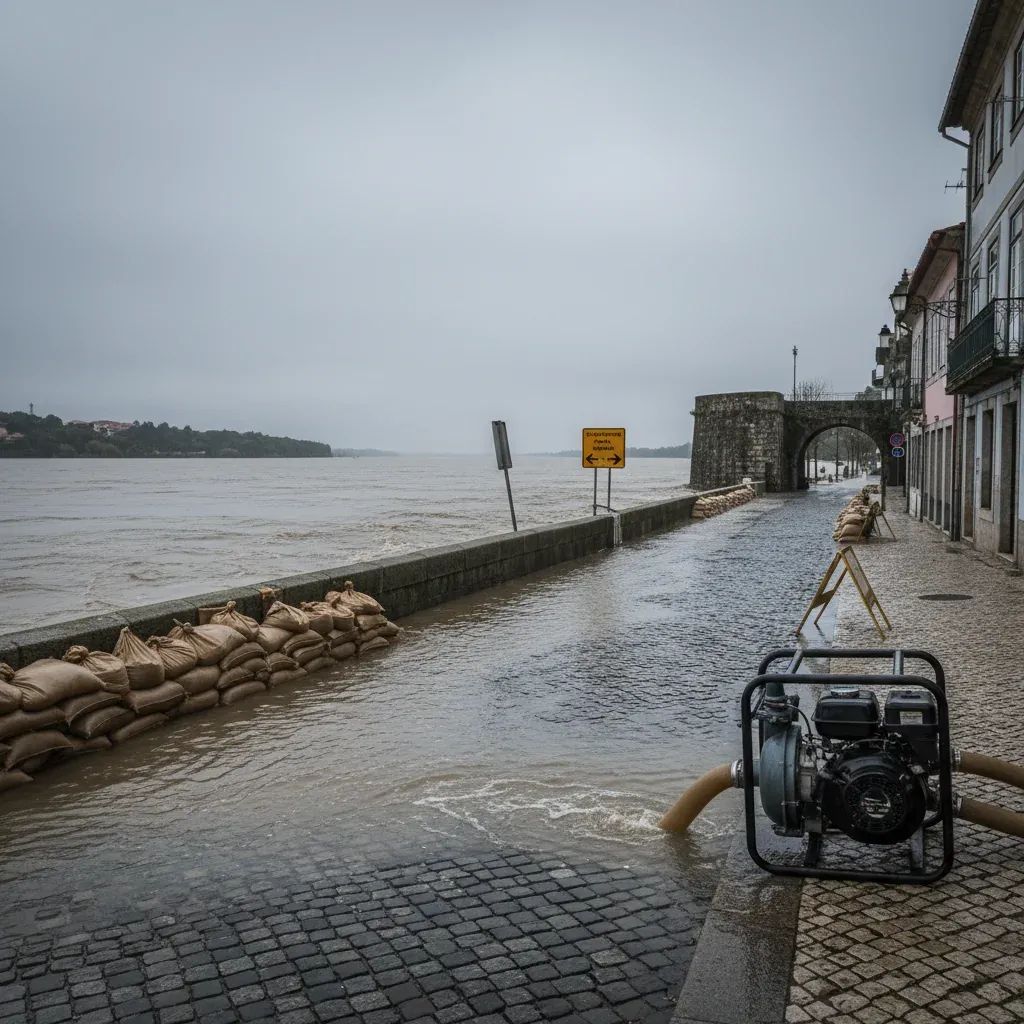 Riverside street in Alcácer do Sal lined with sandbags and flood-control pump during flood alert