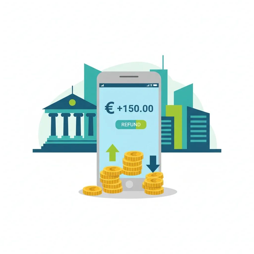 Illustration of smartphone showing euro refund transaction with bank building silhouette