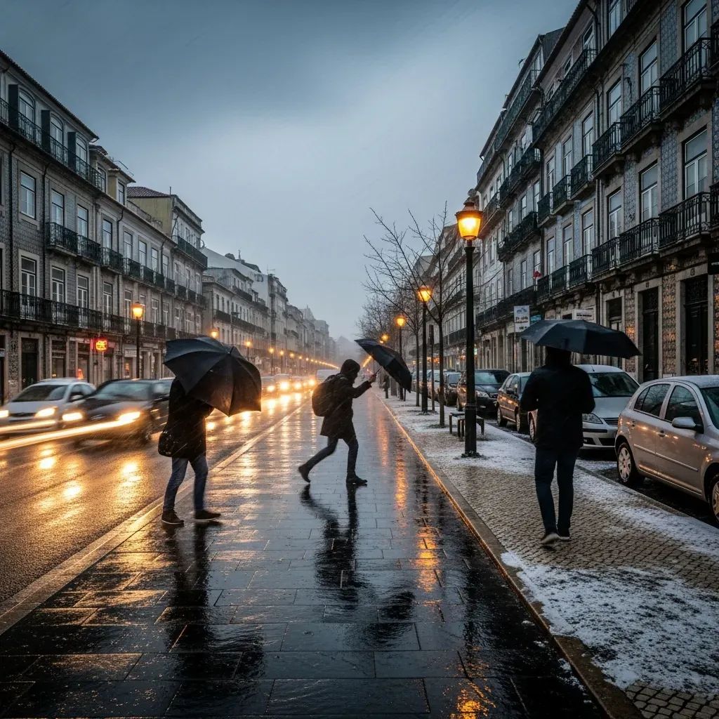 Portuguese street scene with umbrellas in heavy rain and frost on sidewalks