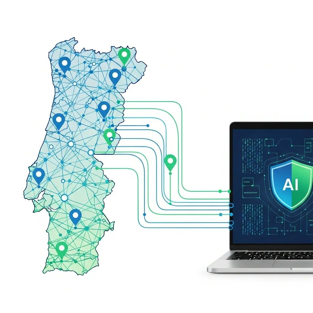 Infographic of Portugal map with digital network lines and laptop shield icon representing SME cybersecurity