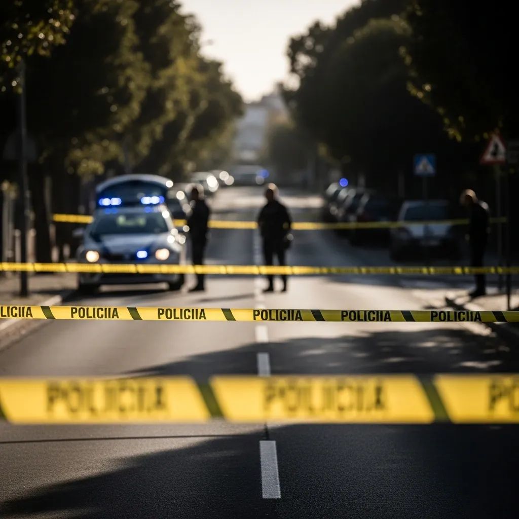 Police tape blocking a quiet Setúbal street with patrol car in the background