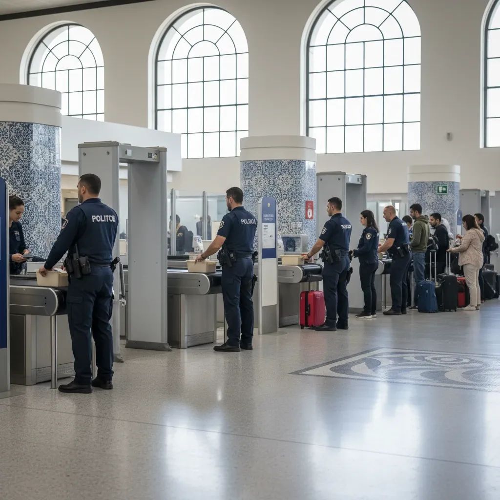 Airport security checkpoint with uniformed officers monitoring passengers in professional institutional setting