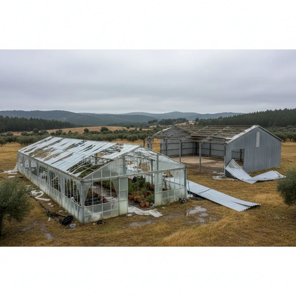Greenhouse and industrial shed with missing roof panels after storm damage in central Portugal