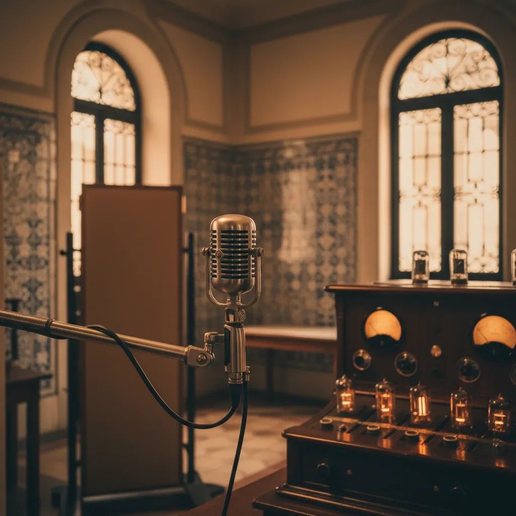 Vintage radio microphone and broadcasting equipment in professional studio setting, representing Portuguese radio heritage and broadcasting history