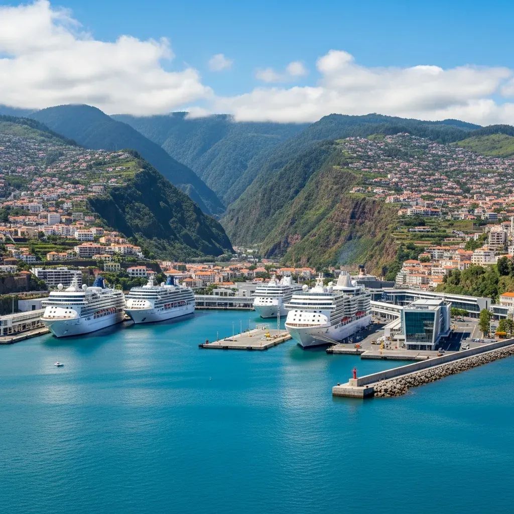 Cruise ships docked at Madeira port with green mountainous backdrop