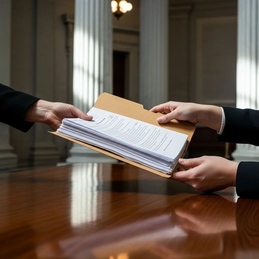Hands exchanging a petition folder with signed documents in a government hall
