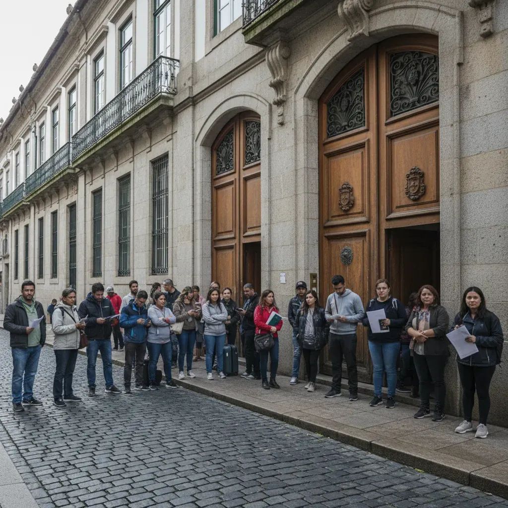 Migrants waiting outside closed AIMA Porto office with documents and phones in hand