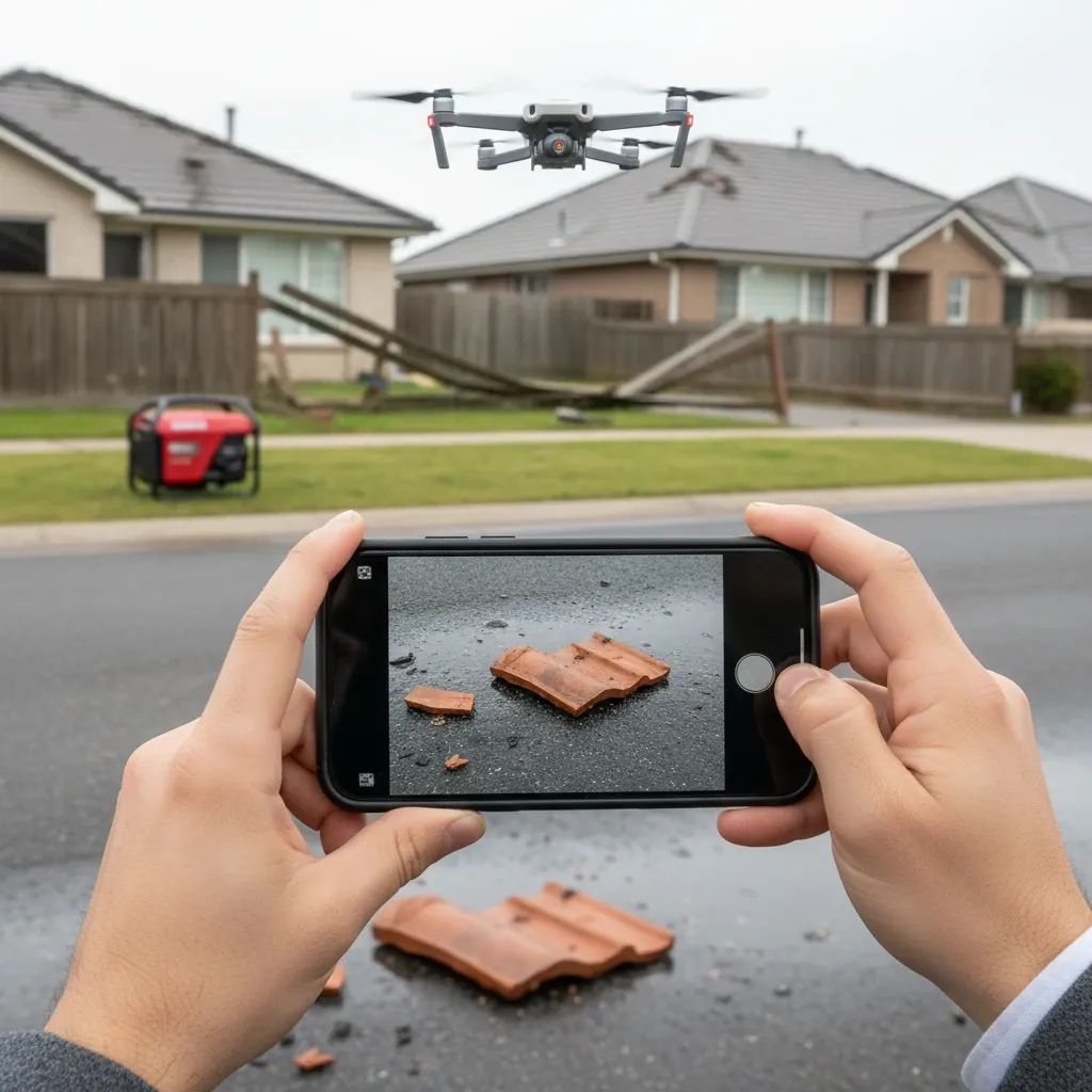 Hands holding smartphone photographing storm-damaged roof with a portable generator and a drone overhead