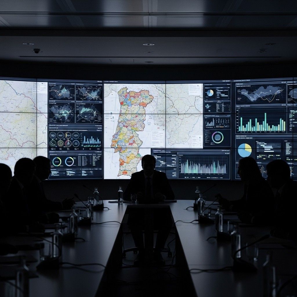 Government crisis coordination centre in Lisbon with screens showing maps and data feeds