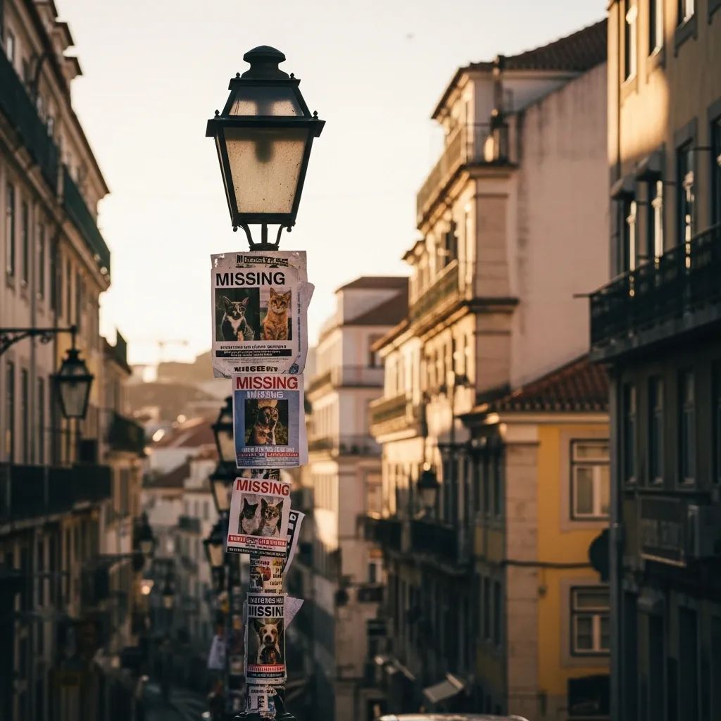 Lamppost covered in missing pet posters on a Lisbon street