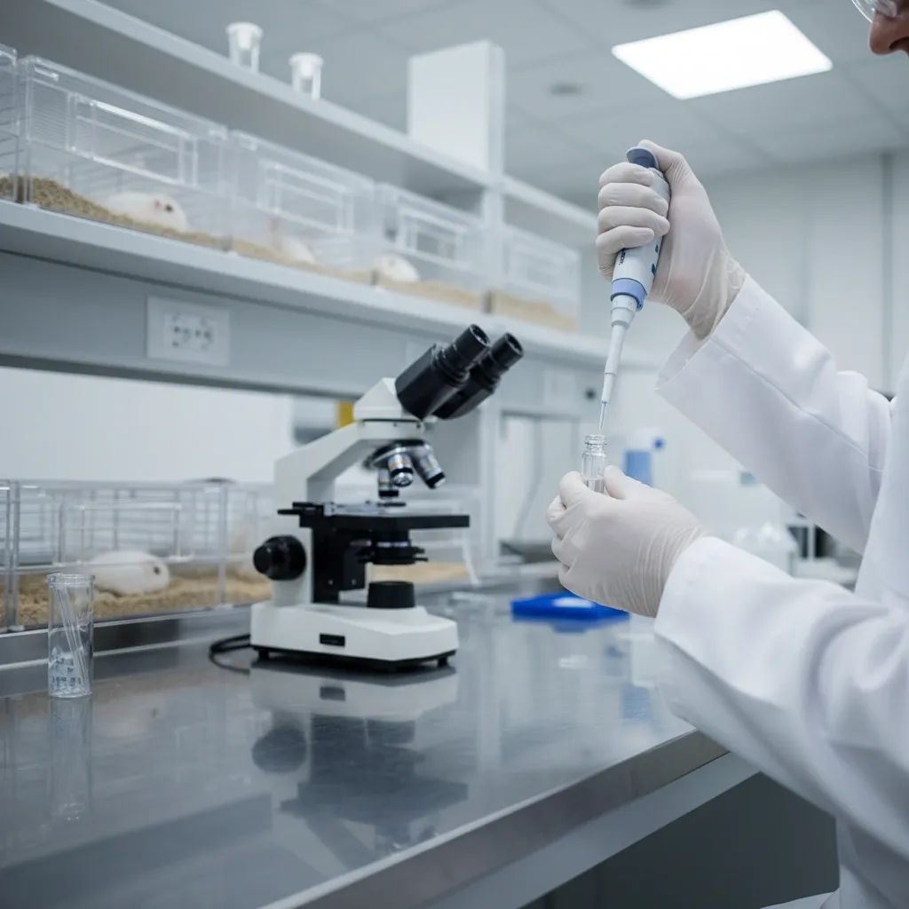 Scientist pipetting samples in laboratory with mouse cages in background
