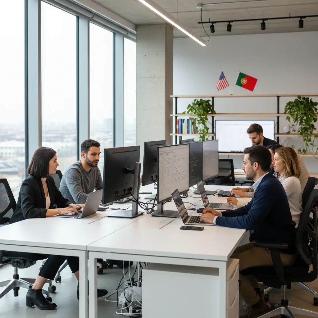 Tech professionals collaborating in modern office environment with Portugal and USA integration