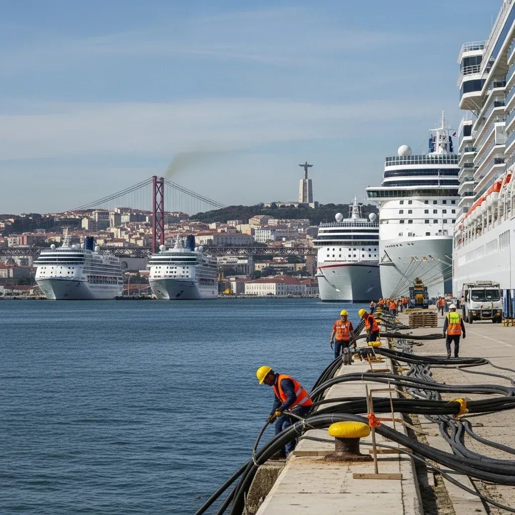 Cruise ships docked at Lisbon port with workers installing shore power cables along the Tagus estuary