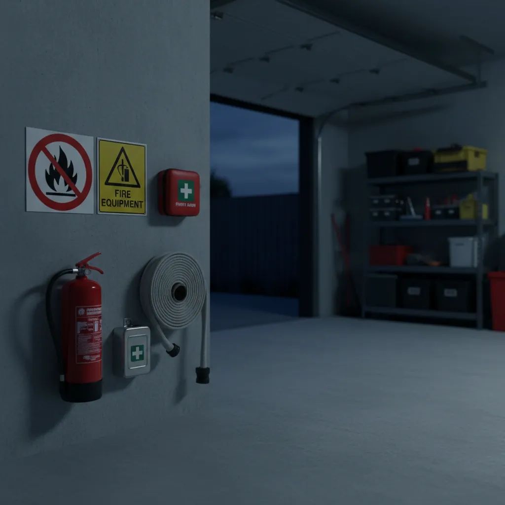 Residential garage with fire safety warning signs and emergency equipment