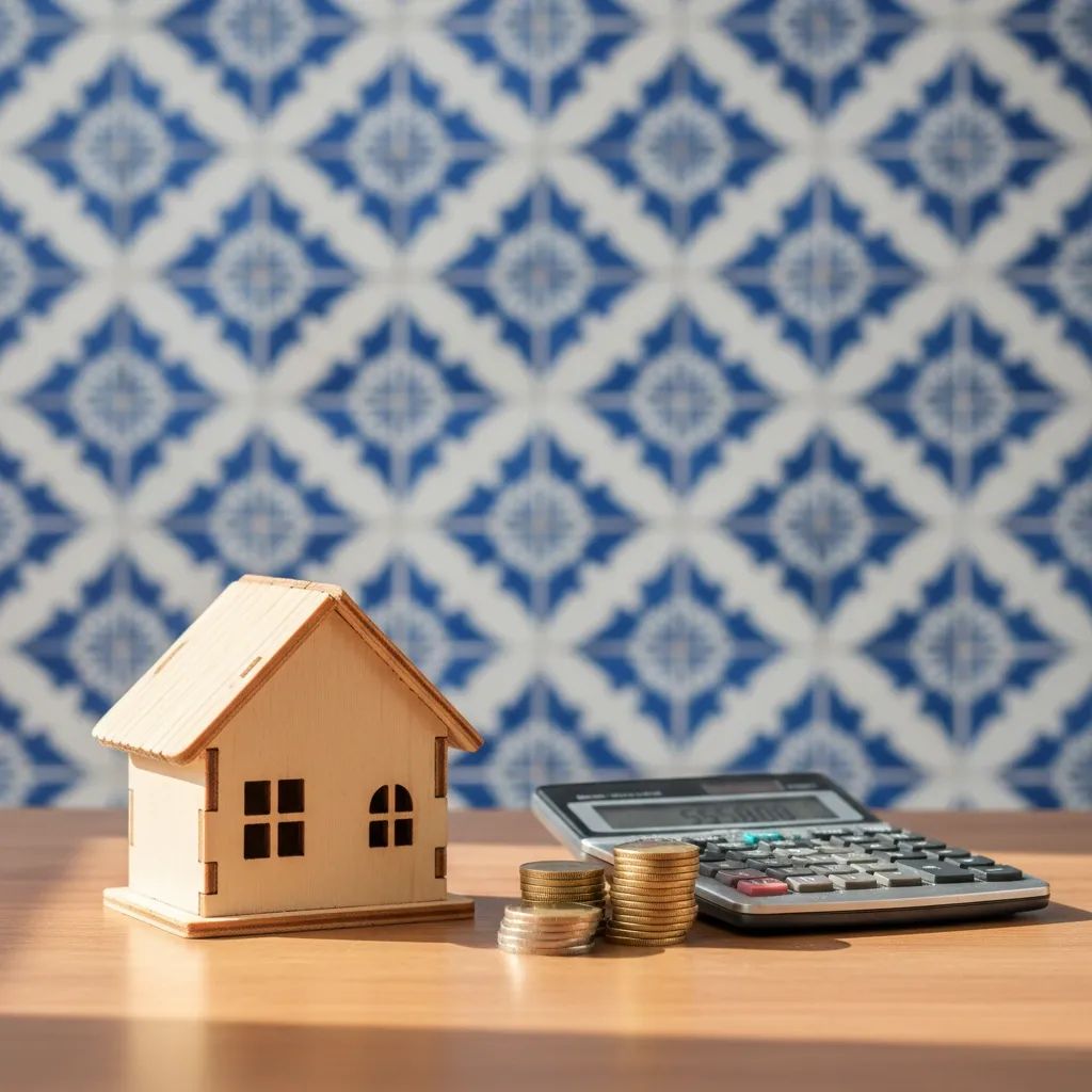 Wooden house model, euro coins and calculator on table with Portuguese azulejo tile background