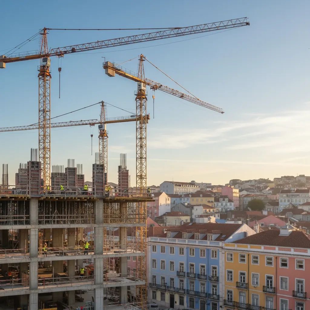 Construction cranes and workers on a building site in a Portuguese cityscape