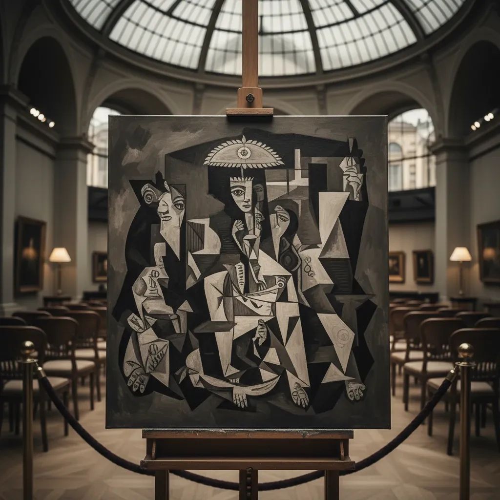 Cubist painting in monochrome tones displayed in elegant gallery setting, Picasso-style artwork