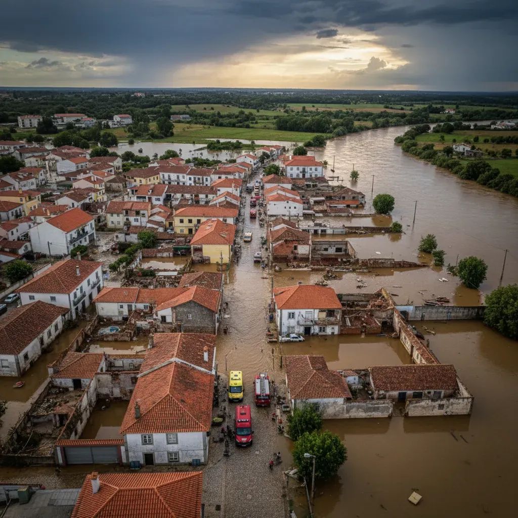 Aerial view of flood-damaged Portuguese town with emergency vehicles responding to disaster