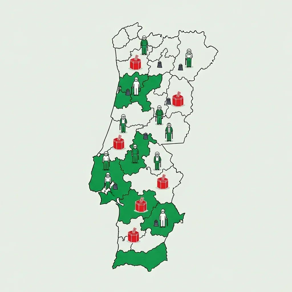 Infographic map of Portugal highlighting rural districts with senior voter and ballot icons