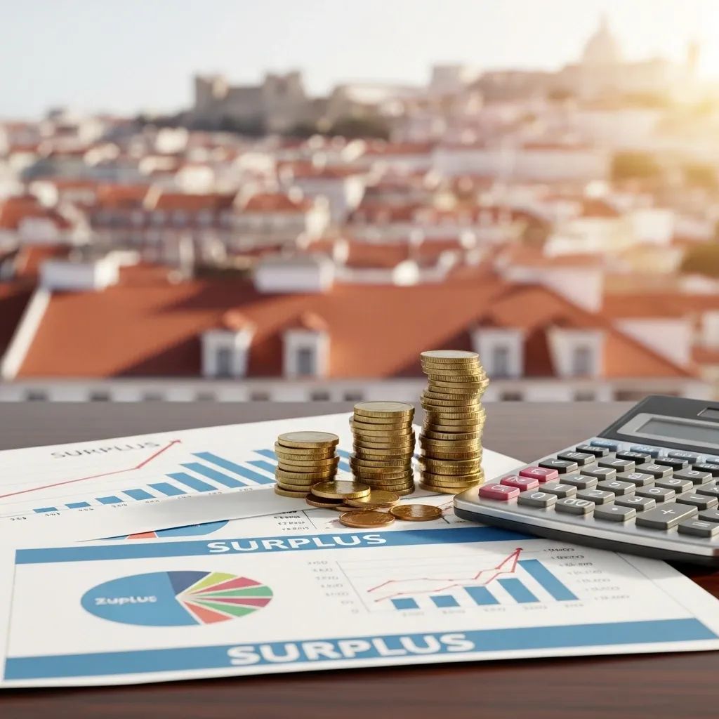 Financial documents and euro coins with calculator on a desk, blurred Lisbon cityscape in background