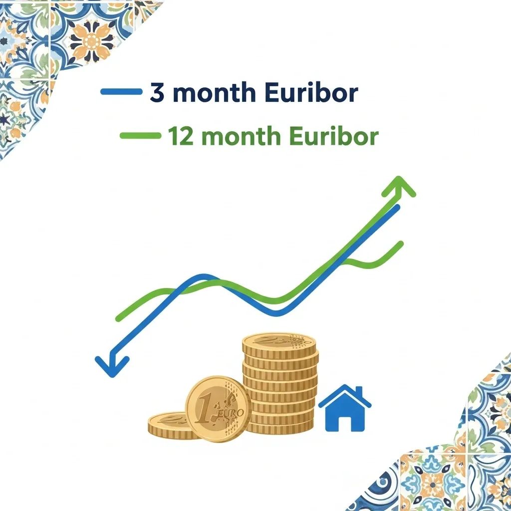 Infographic of falling 3-month and rising 12-month Euribor rates with euro coins and house icon