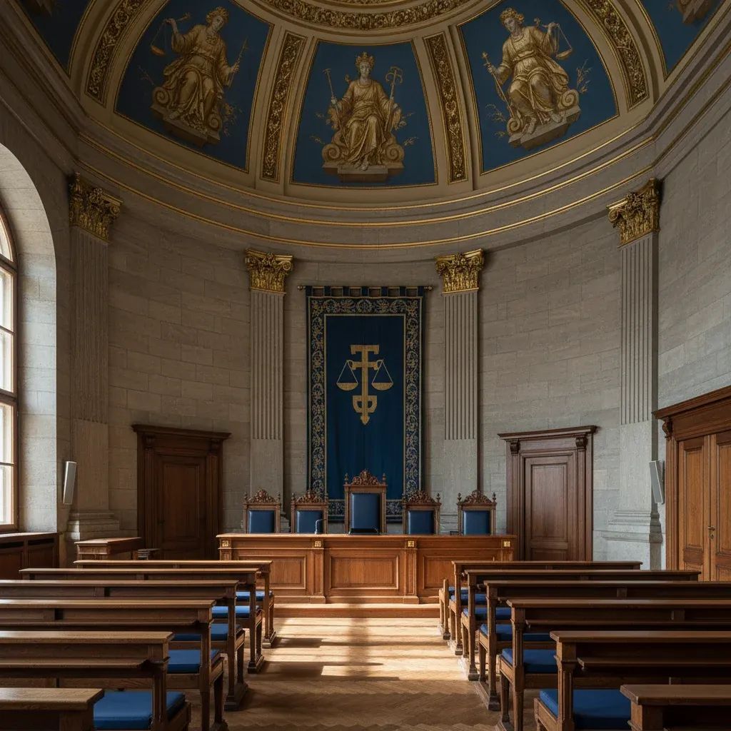 Modern courtroom interior with judge's bench and legal documents during formal proceedings