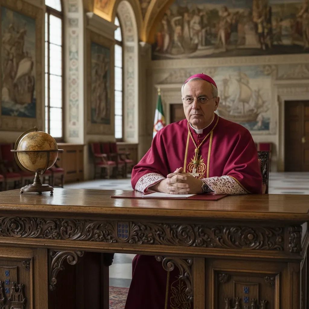 Cardinal in ceremonial Vatican robes at diplomatic desk, representing Portugal's influence in Church governance