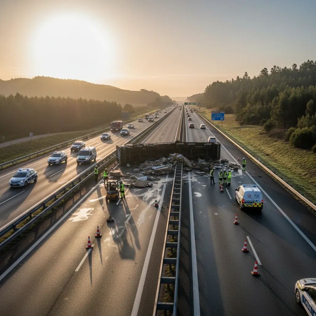 Emergency crews responding to overturned truck on Portuguese A19 motorway in Leiria