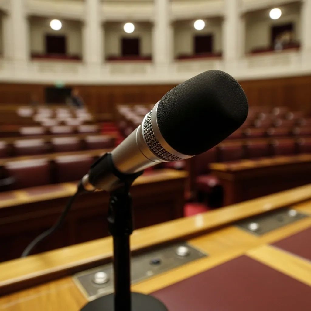 Microphone on desk in Portuguese parliament chamber with blurred benches in the background